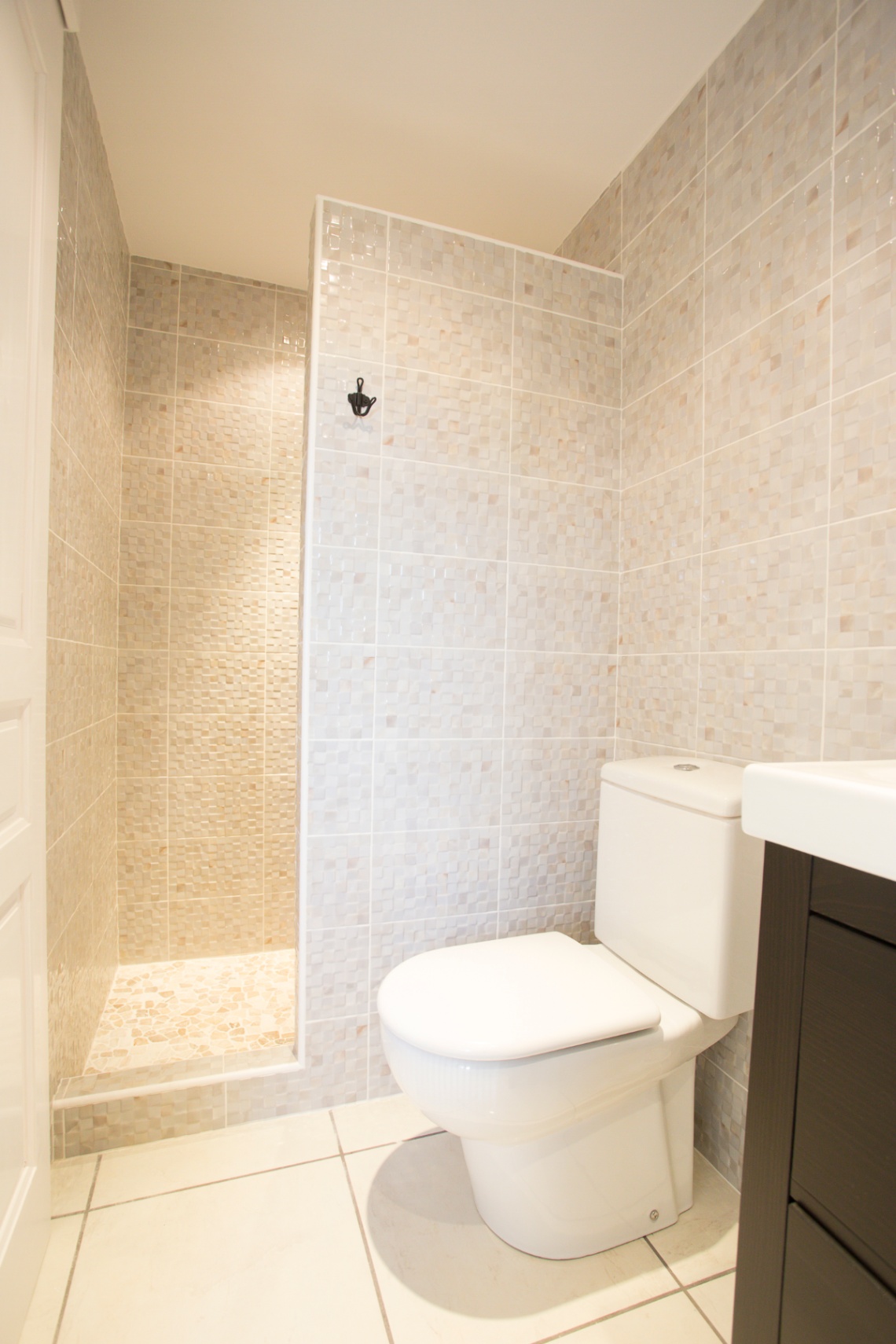 Badkamer met inloopdouche afgewerkt met beige mozaïektegels, wit toilet en een donkerhouten wastafelmeubel.