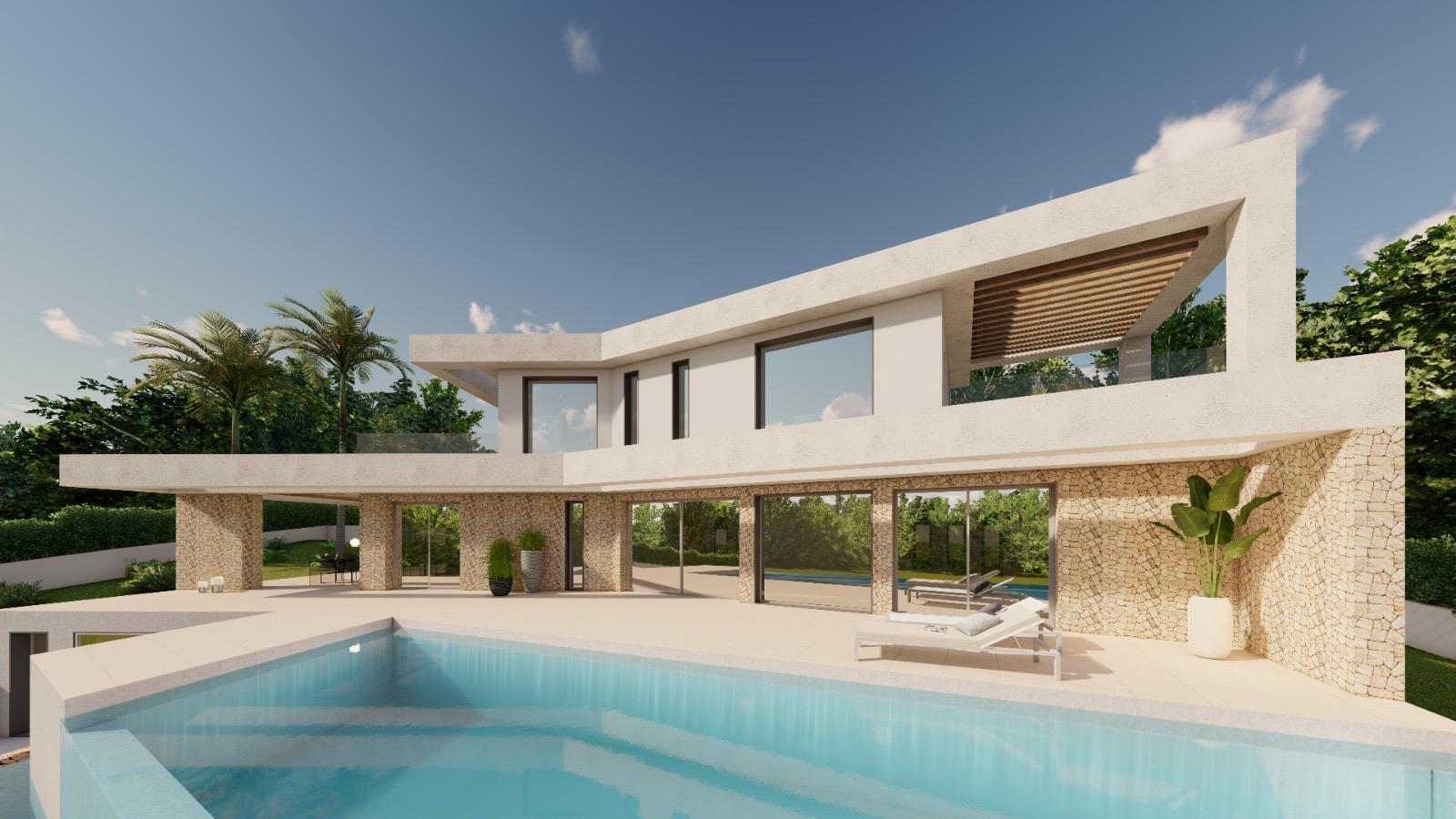 Moderne villa met twee verdiepingen, een natuurstenen gevel op de begane grond, een houten pergola op het terras en een groot zwembad met zonneterras.
