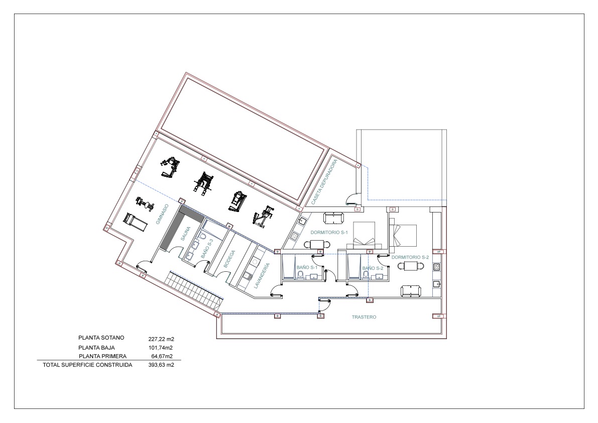 Technische plattegrond van het souterrain met een fitnessruimte, sauna, wijnkelder, wasruimte en twee slaapkamers voorzien van eigen badkamers.