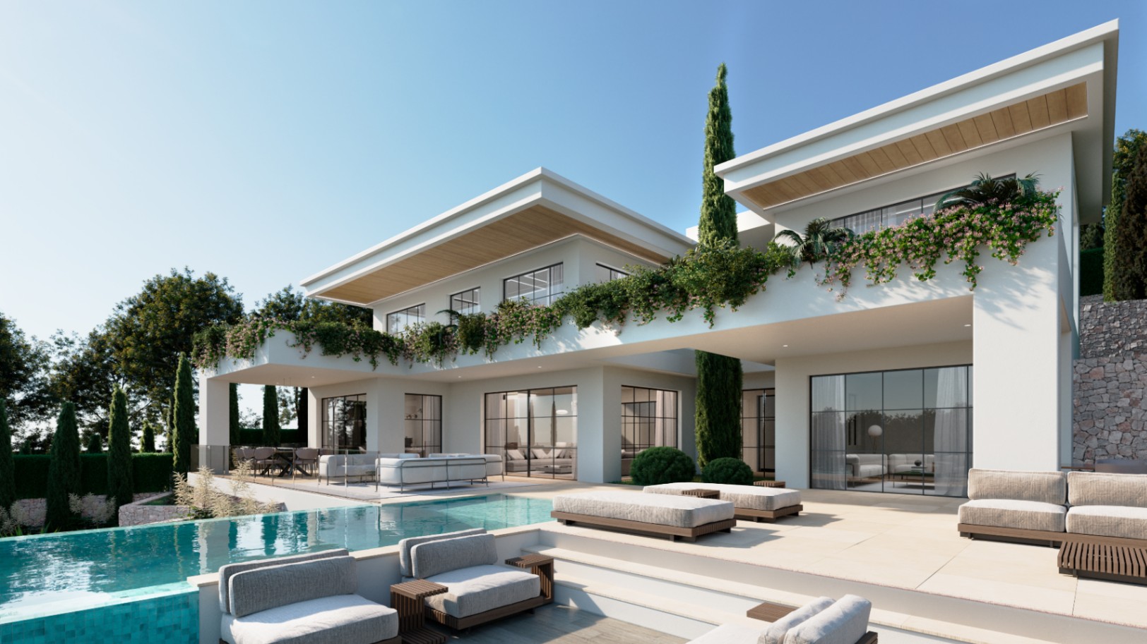 Exterieur van een moderne villa met overloopzwembad, minimalistisch meubilair, witte gevels en terrassen versierd met klimplanten en cipressen.