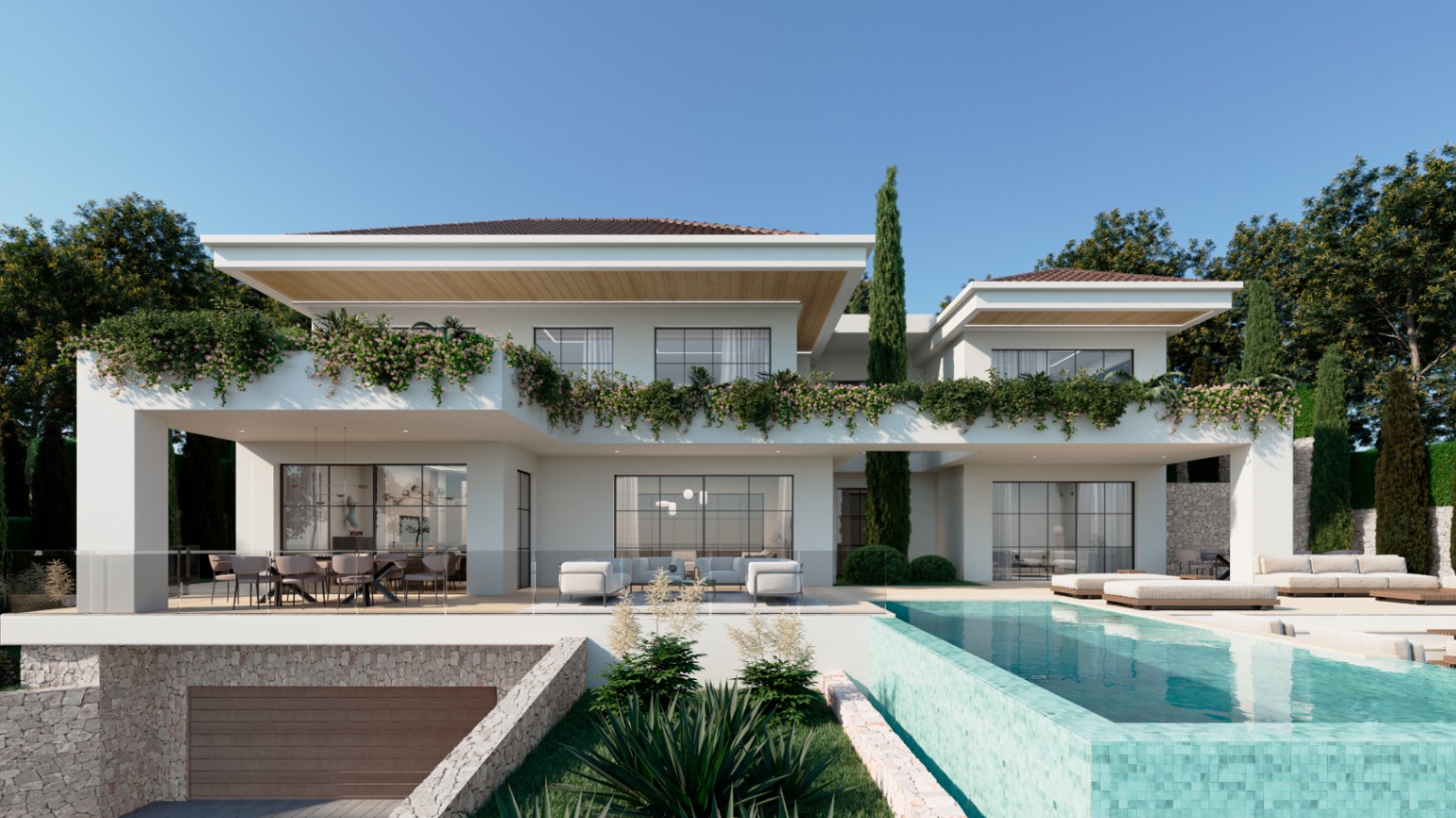 Moderne villa met twee verdiepingen, overloopzwembad, ruim terras met eethoek en een witte gevel met houten plafonds en weelderige klimplanten.