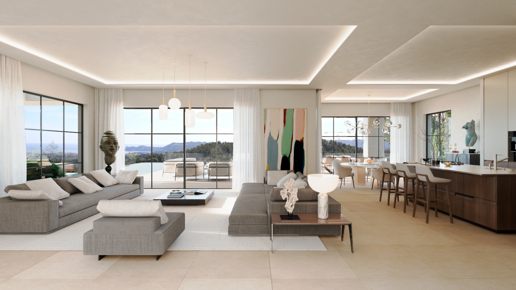 Open woonkamer met grijze modulaire banken, een houten kookeiland en kamerhoge ramen met een weids panoramisch uitzicht over de zee en de heuvels.