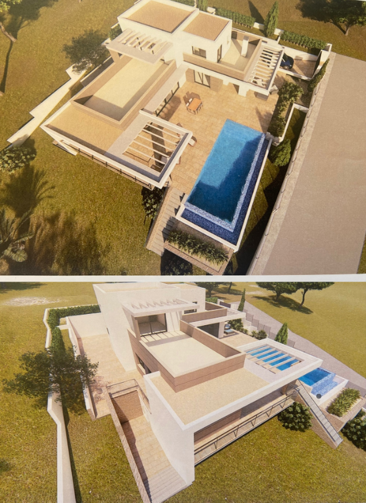 Architecturale rendering van een moderne villa met meerdere niveaus, een overloopzwembad, ruime stenen terrassen en geïntegreerde pergola's in een aangelegde tuin.