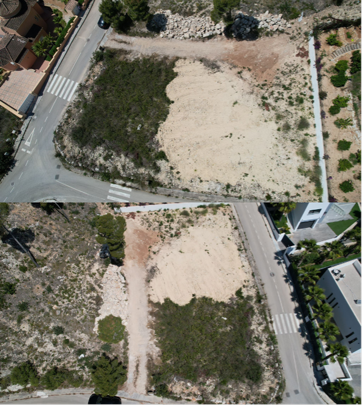 Luchtfoto van een hoekperceel met een vrijgemaakt zanderig bouwterrein en natuurlijke begroeiing, gelegen aan geasfalteerde wegen nabij moderne villa's.