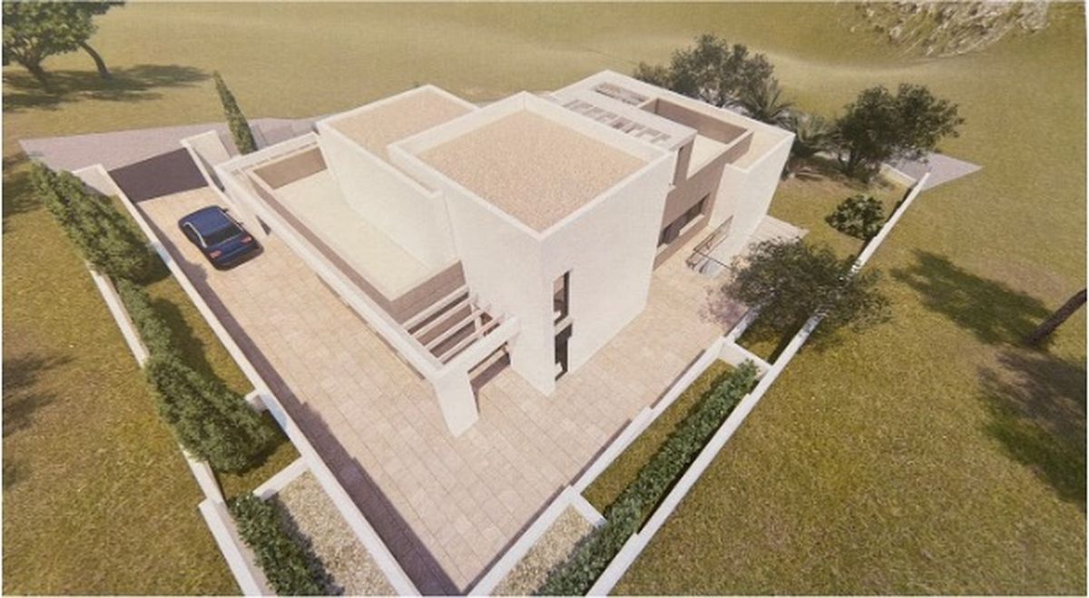 Luchtfoto van een moderne kubistische villa met lichte stenen gevels, geïntegreerde pergola's en een geplaveide oprit, omgeven door een mediterrane tuin.