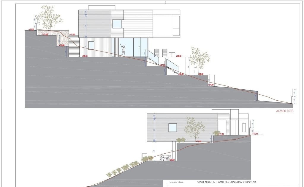 Architecturale geveltekening van een moderne villa op een hellend perceel, met uitkragende volumes en trapsgewijze niveaus die de natuurlijke helling volgen.