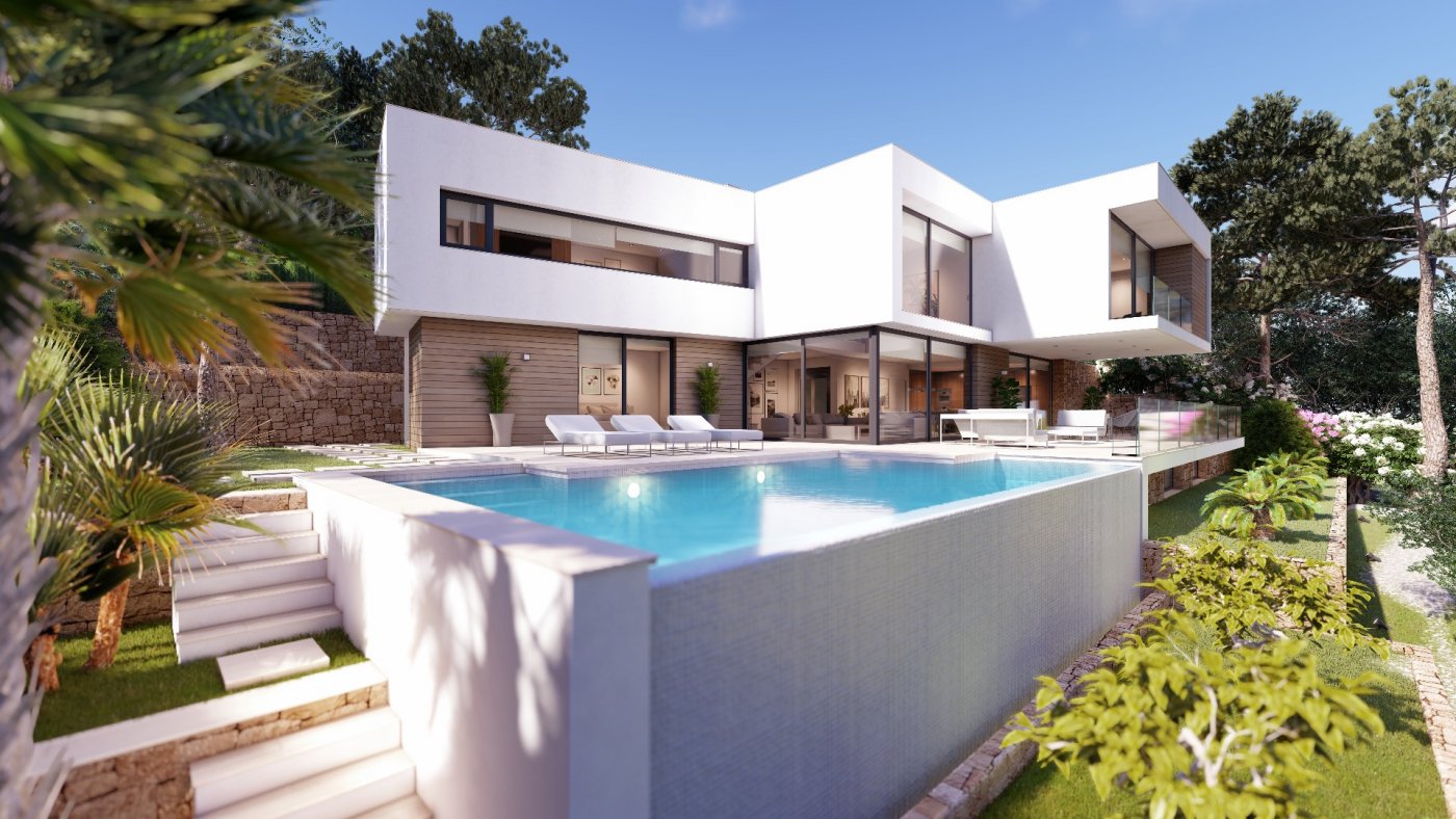 Exterieur van een moderne villa met overloopzwembad, witte geometrische architectuur en houten gevels. Het terras is voorzien van ligbedden en mediterrane beplanting.