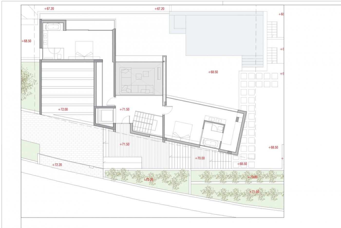 Gedetailleerde architecturale plattegrond met twee slaapkamersuites, een centraal woongedeelte en een ruim terras met privézwembad en hoogtecijfers.