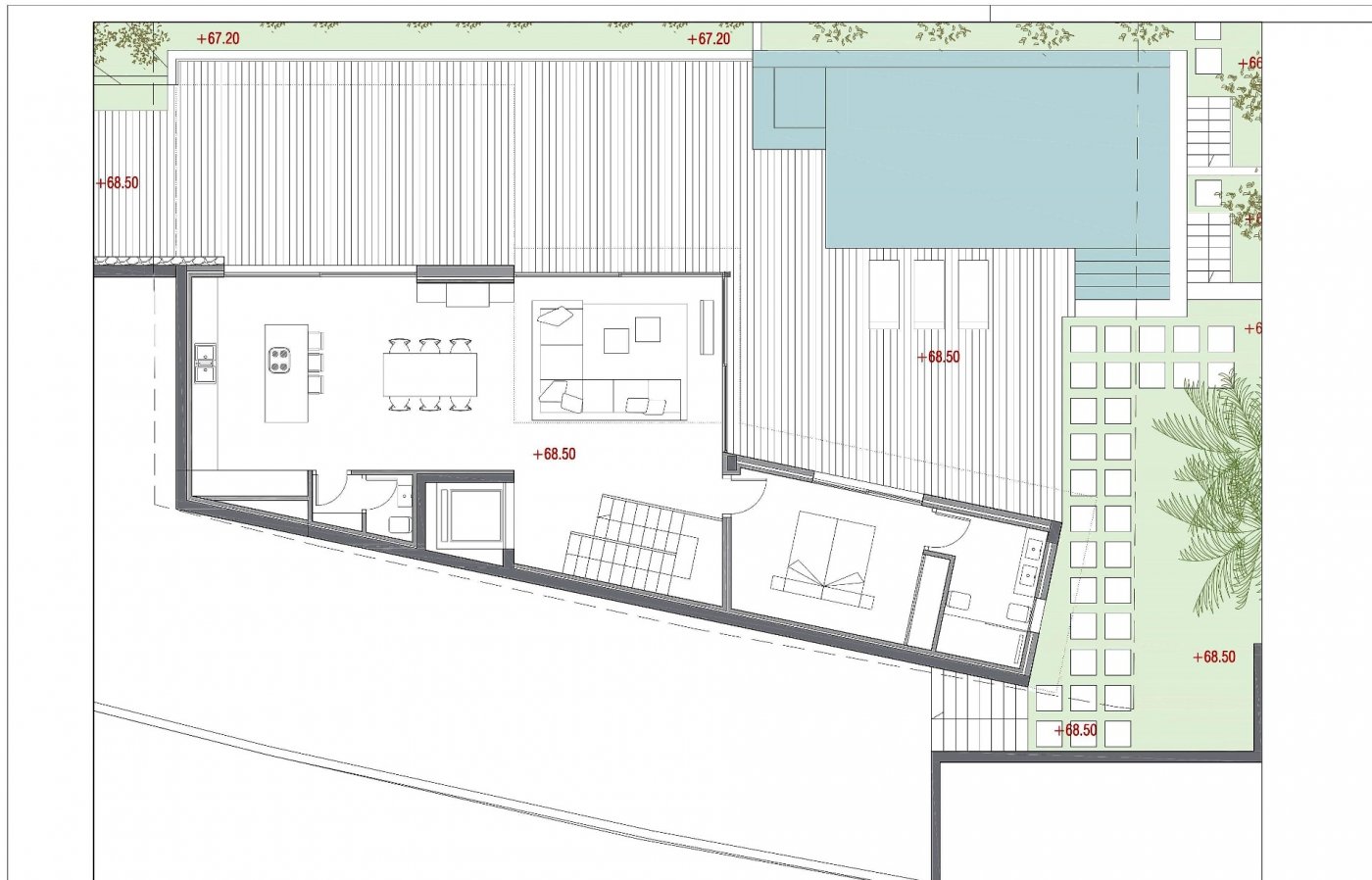 Gedetailleerde plattegrond met een open keuken en woonkamer, een master suite en een ruim terras voorzien van een privézwembad en houten vlonders.