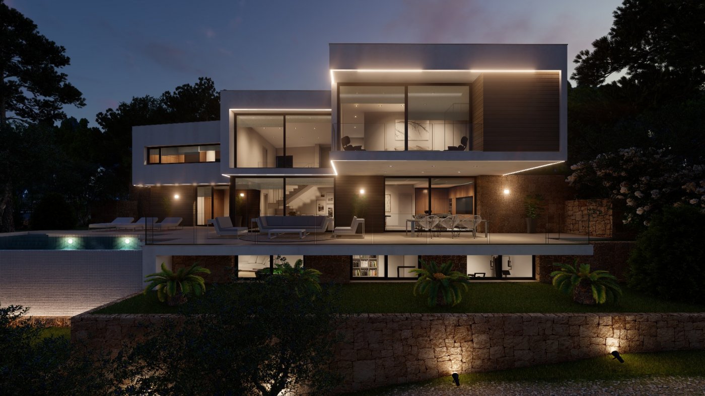 Moderne villa met meerdere verdiepingen bij schemering, voorzien van geïntegreerde LED-verlichting, glazen gevels, een terras met natuurstenen muren en buitenmeubilair.
