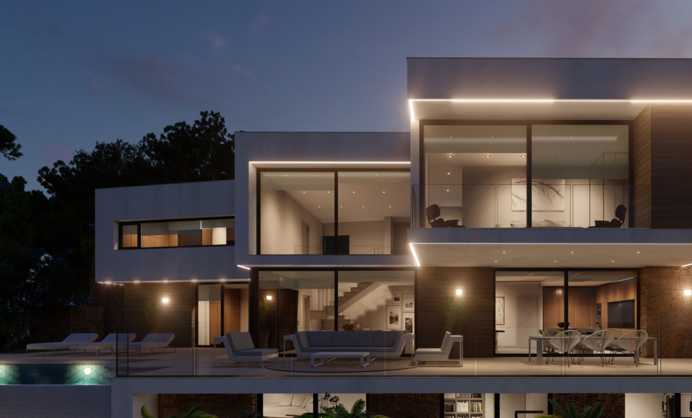 Moderne villa met meerdere verdiepingen bij schemering, voorzien van geïntegreerde ledverlichting, grote glaspartijen, een terras met loungeset en zicht op de binnentrap.