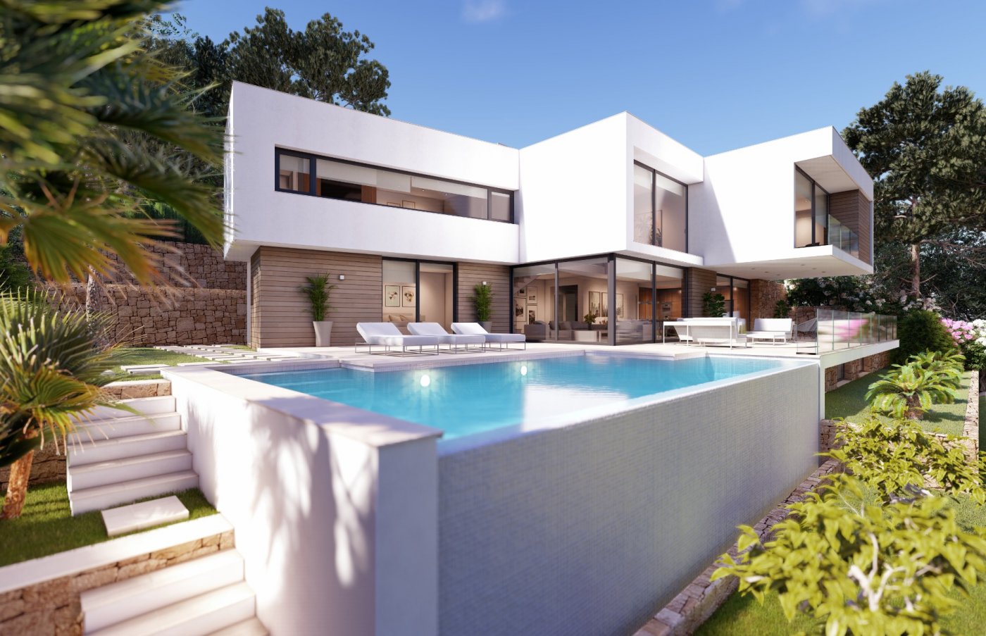 Moderne villa met twee verdiepingen, witte geometrische vormen, houten gevelbekleding en een overloopzwembad. Het terras is voorzien van ligbedden en glazen balustrades.
