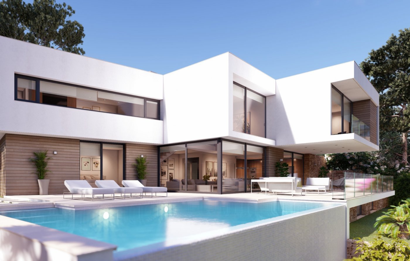 Moderne villa met witte kubistische vormen, houten accenten en een overloopzwembad. Het terras is voorzien van ligbedden en kamerhoge glazen puien.