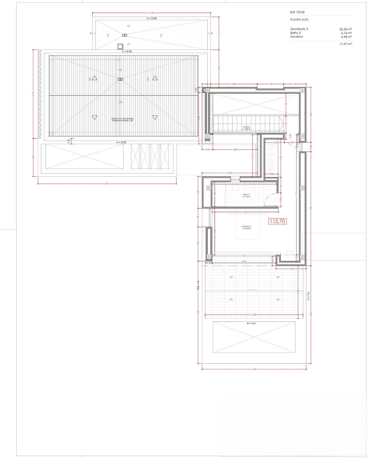Architectonische plattegrond van de bovenverdieping met slaapkamer 3, badkamer en trappenhuis, inclusief gedetailleerde afmetingen en een totale oppervlakte van 71,97 m².