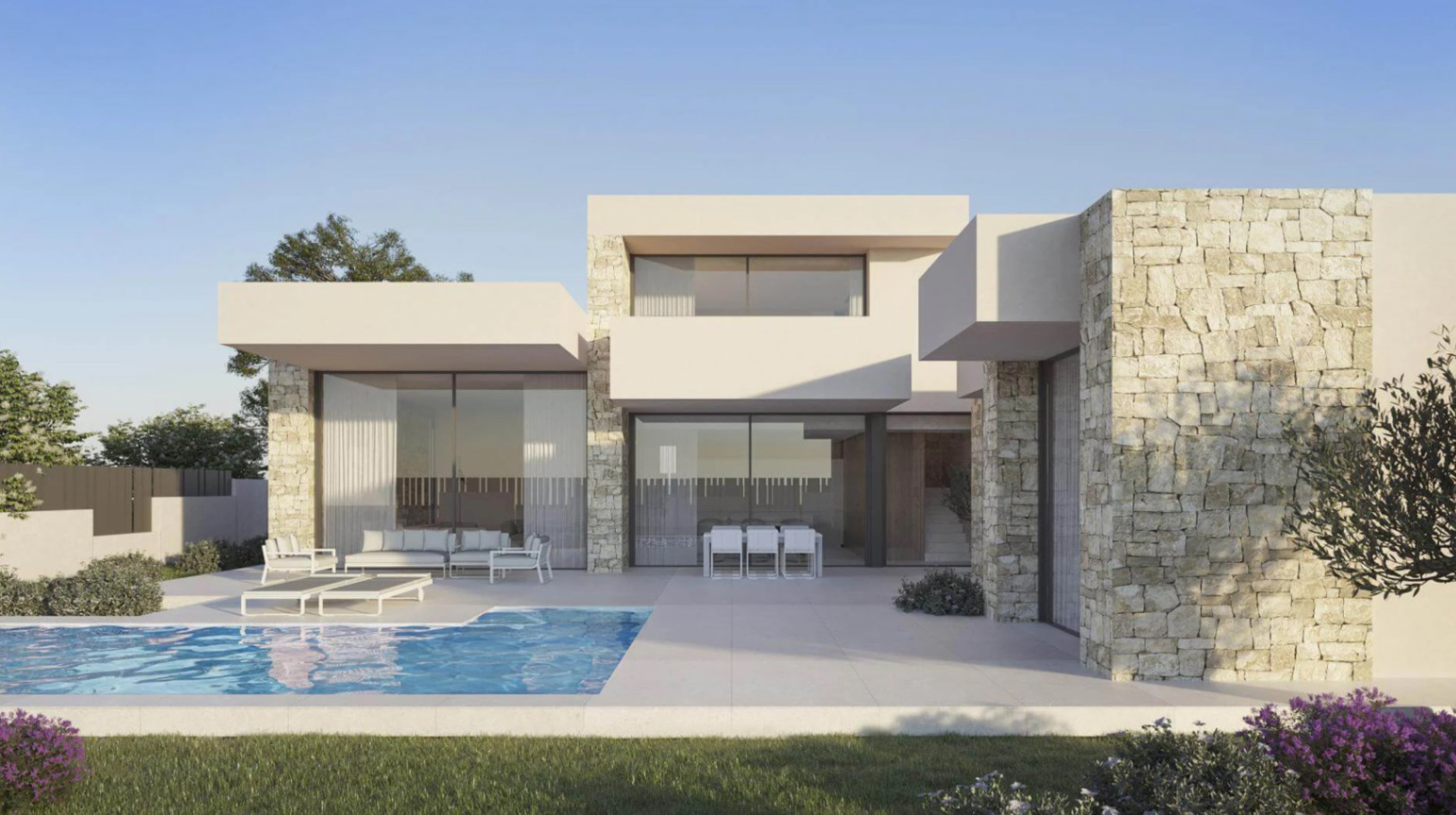 Exterieur van een moderne villa met natuurstenen muren, een privézwembad en een betegeld terras voorzien van lounge- en eetmeubilair.