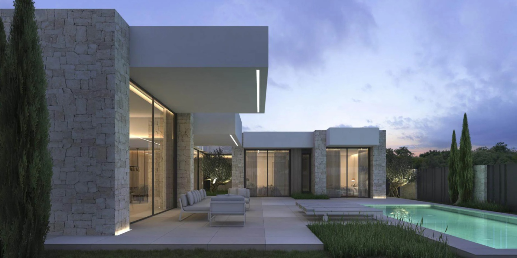 Moderne villa met natuurstenen muren, overstekende daken met LED-verlichting, een betegeld terras met loungeset en zwembad bij schemering.