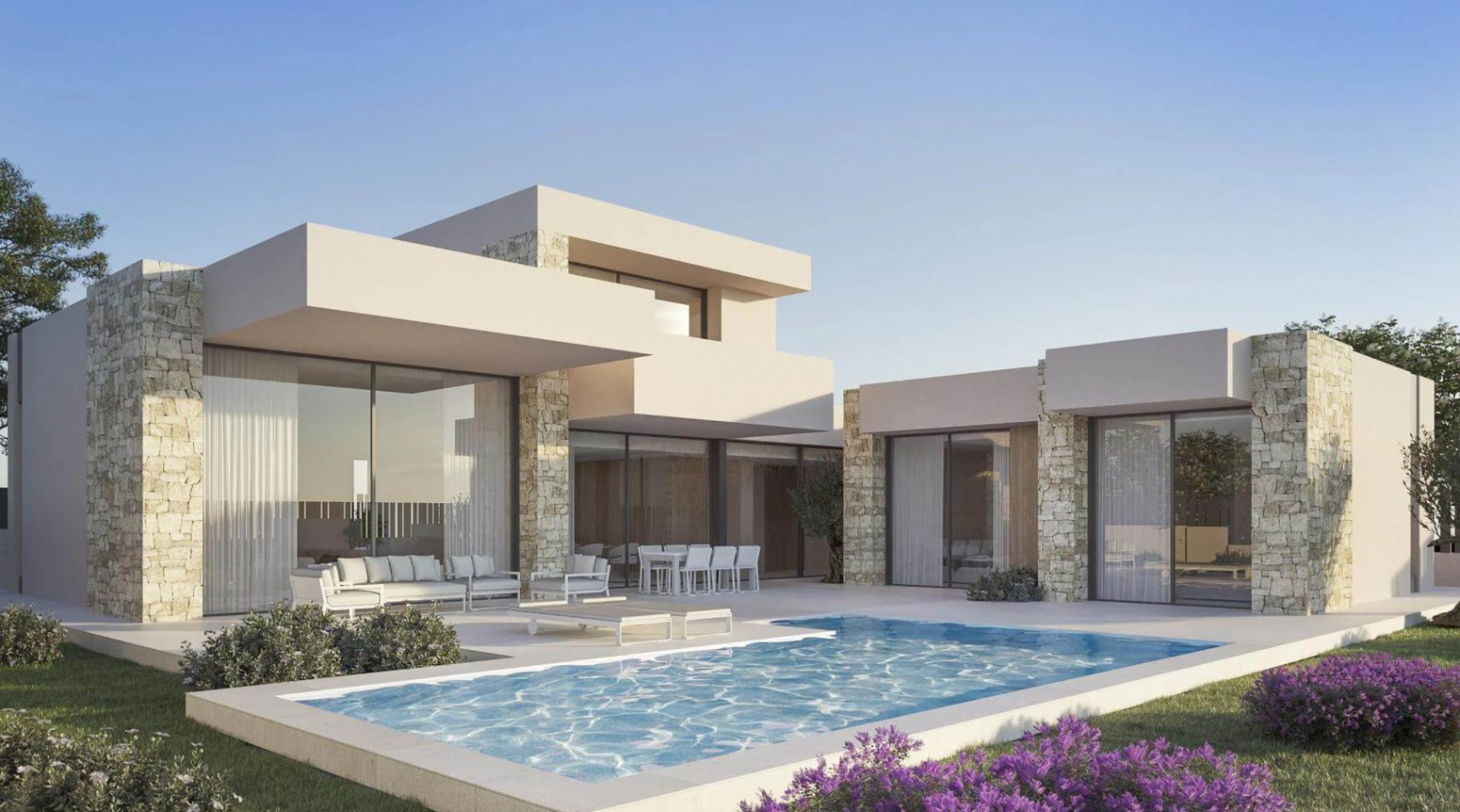 Moderne villa met privézwembad, natuurstenen muren en grote glazen puien. Voorzien van een buitenlounge en eethoek op een betegeld terras.