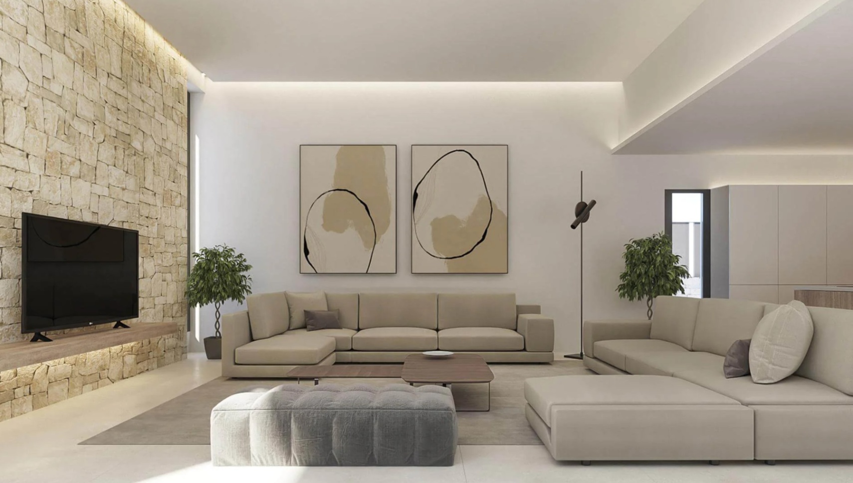 Moderne woonkamer met natuurstenen wand, indirecte LED-verlichting en ruime beige modulaire banken gecombineerd met minimalistische kunst.