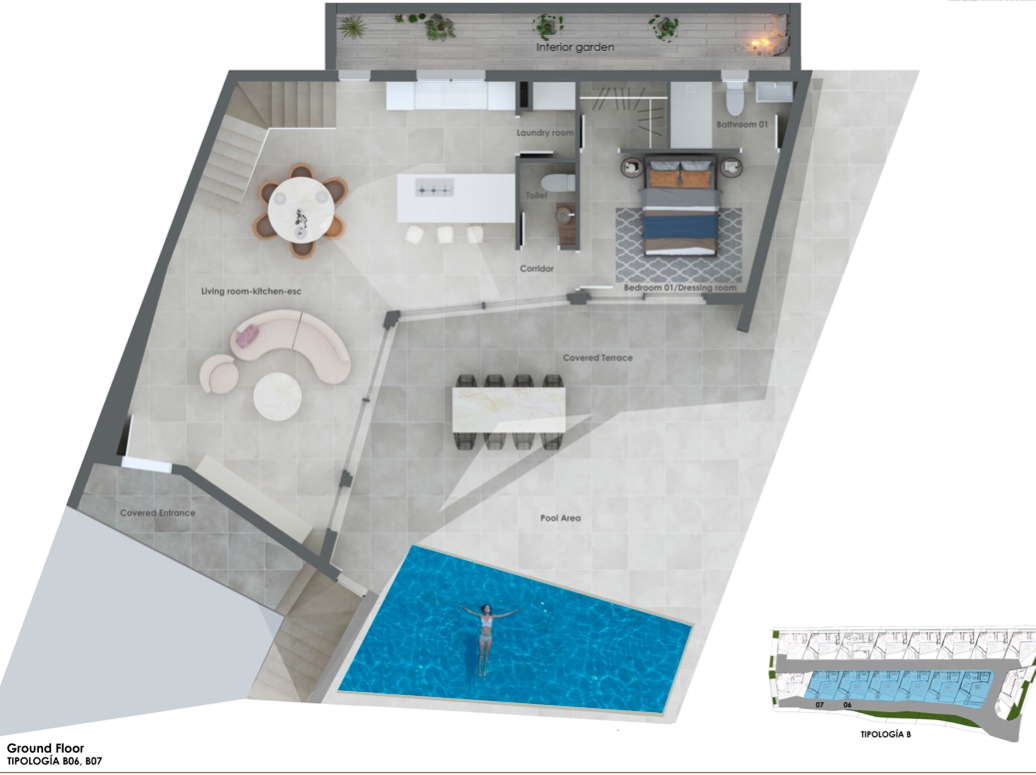 Gedetailleerde plattegrond van de begane grond met een open woonkamer, hoofdslaapkamer met inloopkast en een overdekt terras met privézwembad.