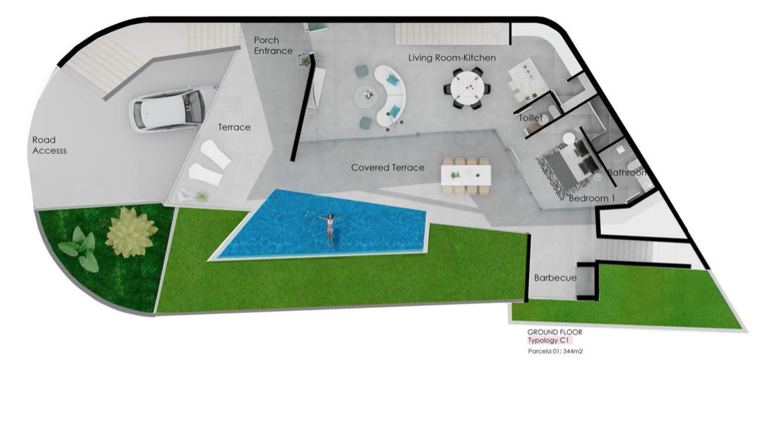 Gedetailleerde plattegrond van de begane grond met een open woonkamer, hoofdslaapkamer, overdekt terras en privézwembad op een perceel van 344m2.