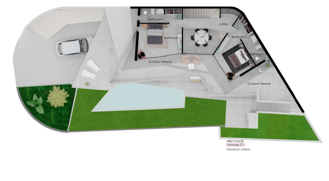Gedetailleerde plattegrond van de eerste verdieping met twee slaapkamers met eigen badkamer, een centrale lobby en grote buitenterrassen met zwembad en tuin.