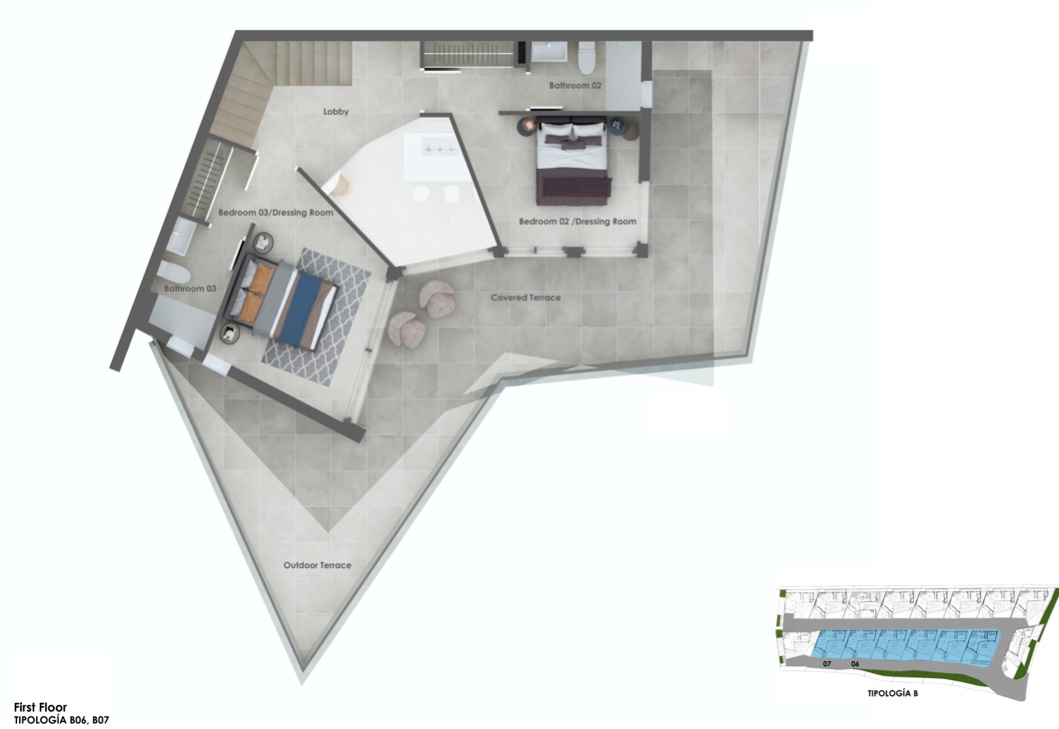 Gedetailleerde plattegrond van de eerste verdieping, met twee slaapkamers met inloopkasten, aangrenzende badkamers en een groot buitenterras.