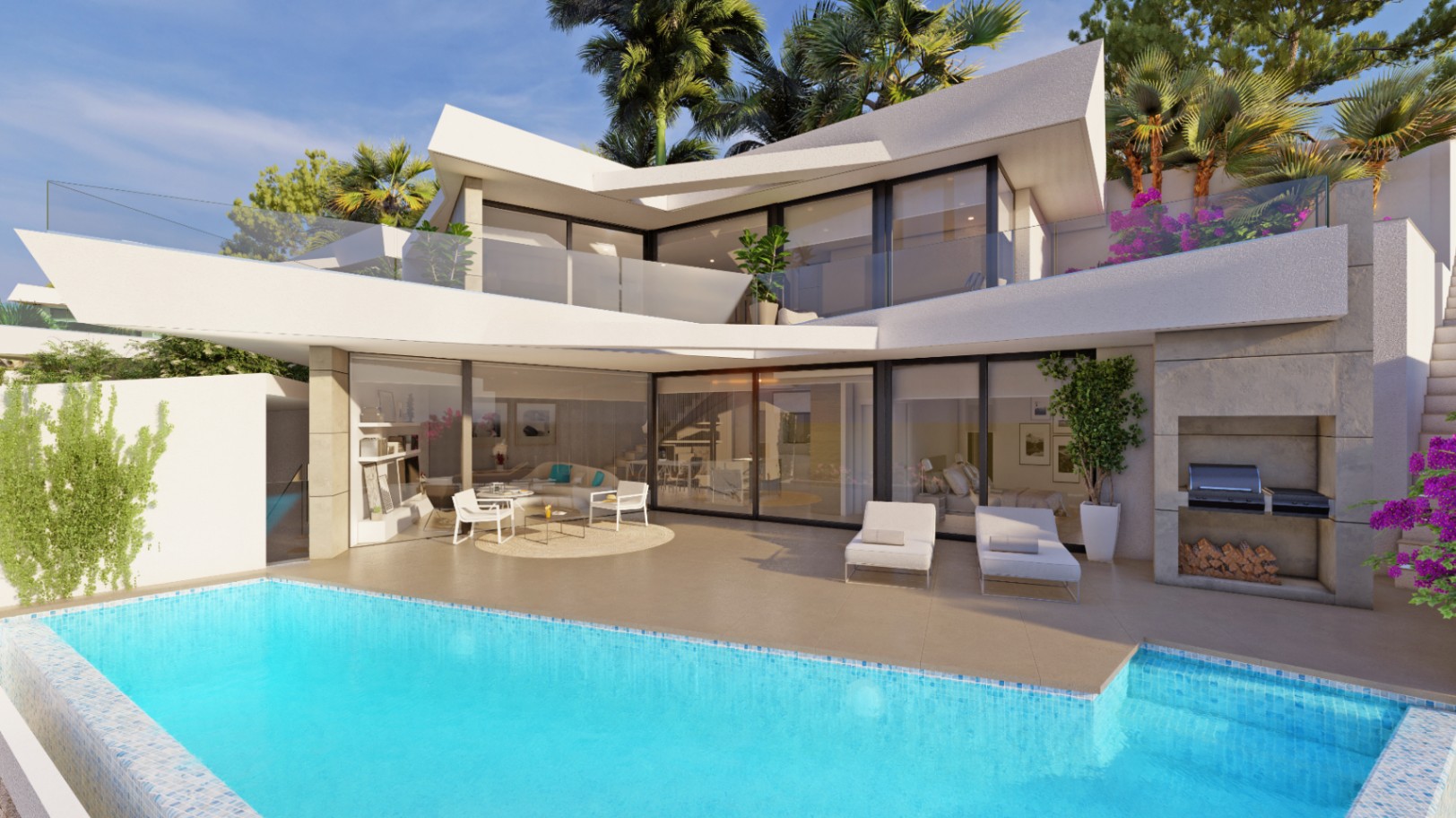 Moderne villa met twee verdiepingen, een turquoise mozaïekzwembad, stenen terras met ligbedden en een ingebouwde buitenkeuken met barbecue-opstelling.
