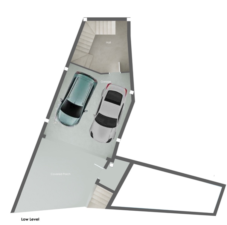 Plattegrond van de benedenverdieping met een dubbele garage, overdekte veranda en een hal met trap naar de bovenliggende woonlagen.