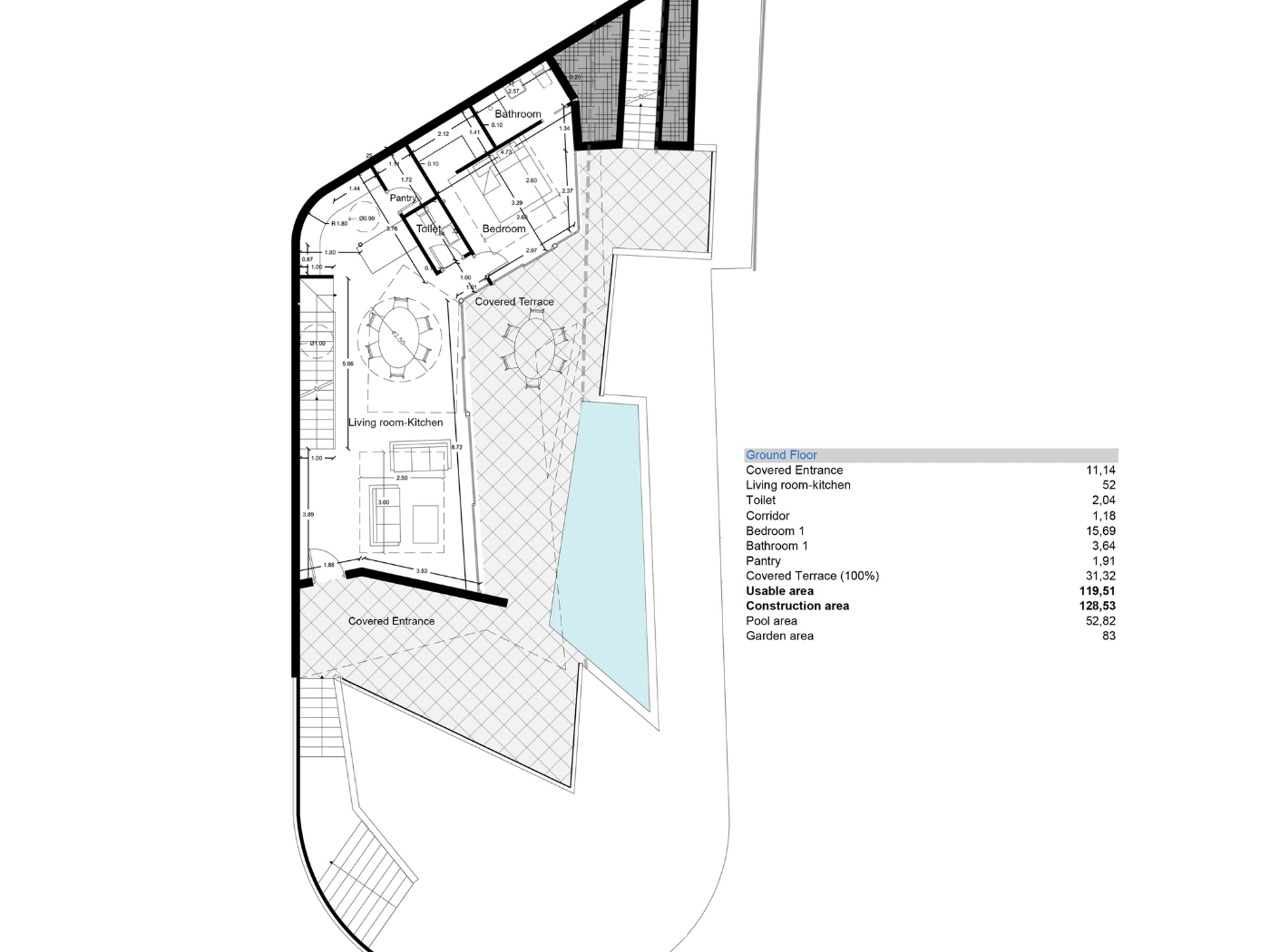 Technische plattegrond van de begane grond met open woonkamer-keuken, slaapkamer, badkamer en een ruim overdekt terras grenzend aan het zwembad.