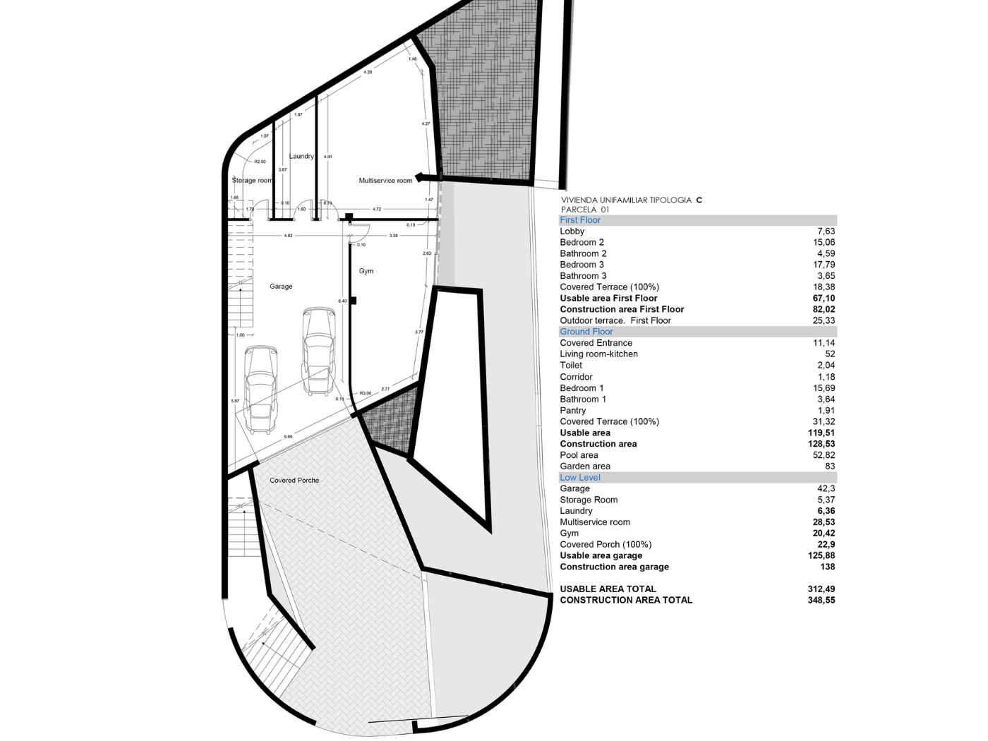 Technische plattegrond van de benedenverdieping met dubbele garage, fitnessruimte, wasruimte en opslagruimtes inclusief oppervlakteoverzicht.