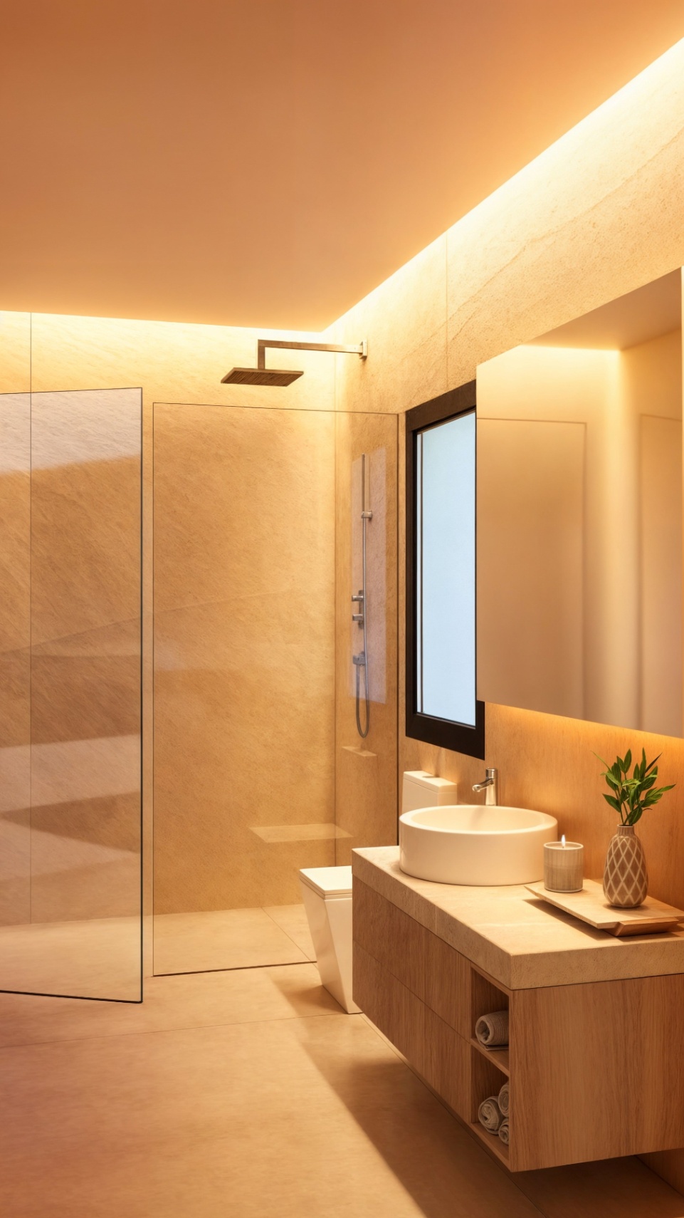 Moderne badkamer met glazen inloopdouche, zwevend houten wastafelmeubel met ronde opzetkom en indirecte LED-verlichting tegen getextureerde stenen wanden.