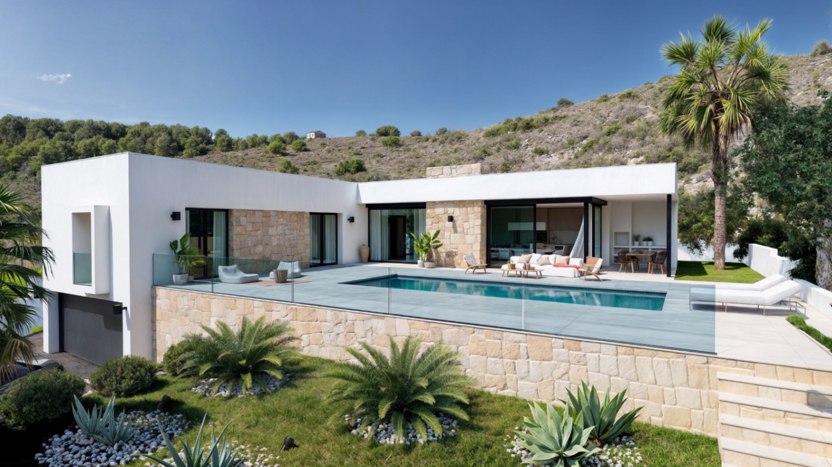 Moderne L-vormige villa met natuurstenen gevels, verhoogd terras met rechthoekig zwembad en een mediterrane tuin met palmen en agaven.