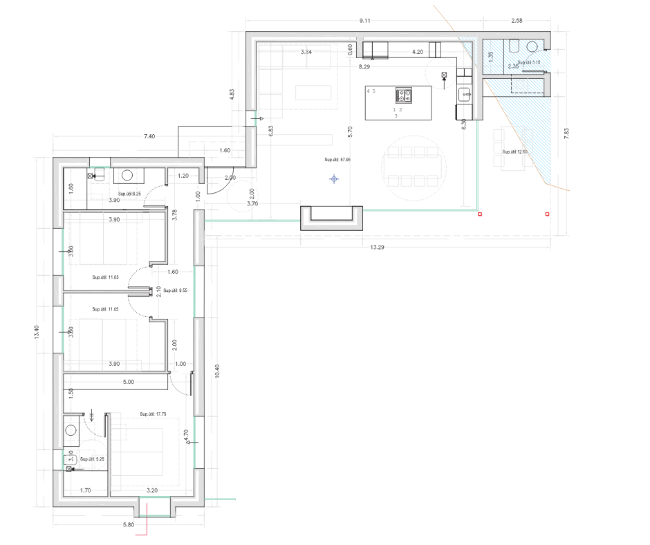Technische plattegrond van een L-vormige woning met een open leefruimte van 57,95 m², drie slaapkamers en een terras van 12,60 m².
