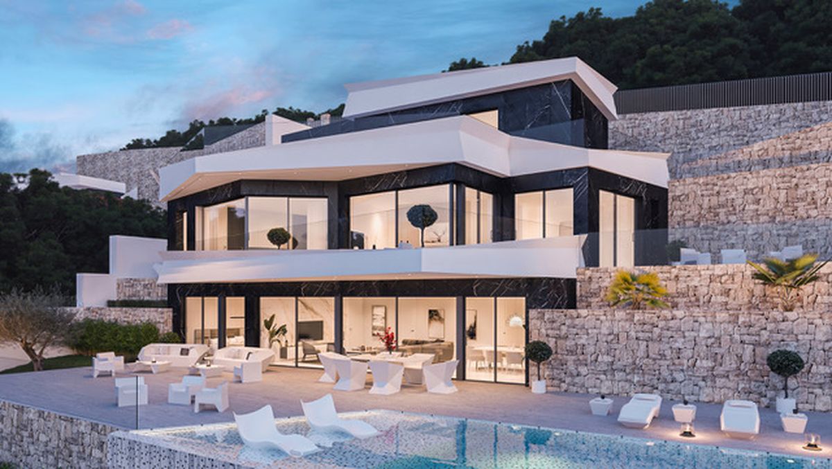 Moderne villa met drie verdiepingen, zwarte marmeren gevels, witte overstekken, een ruim terras met designmeubilair en een zwembad bij natuurstenen muren.