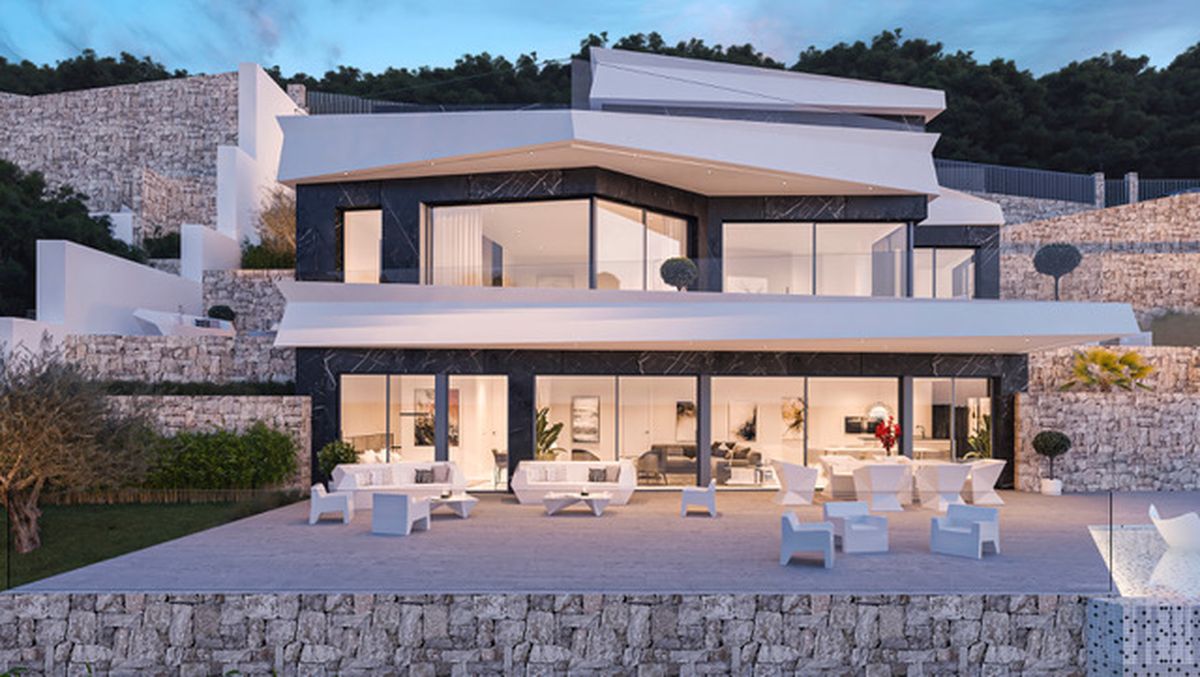 Moderne villa met meerdere verdiepingen, donkere marmeren gevels, witte geometrische vormen en grote raampartijen grenzend aan een ruim terras met wit meubilair.