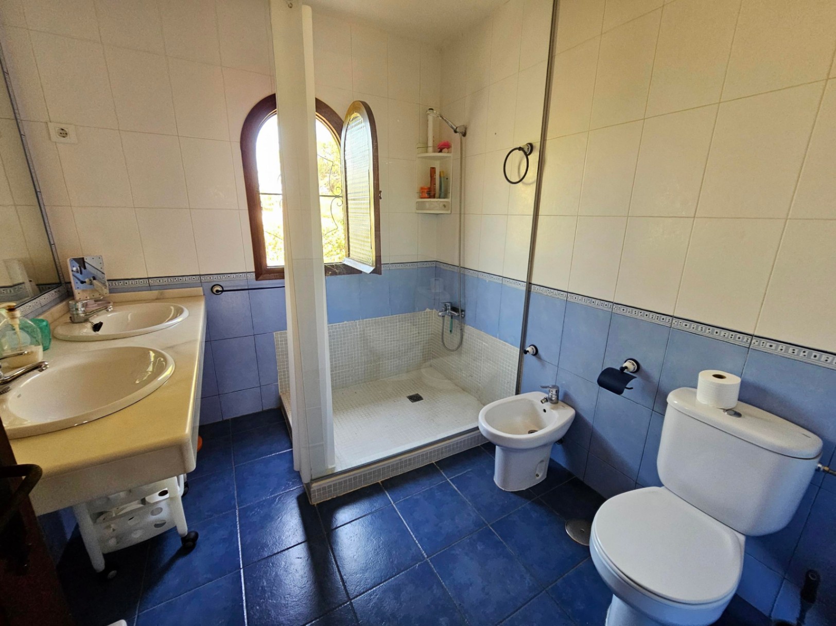 Badkamer met dubbele wastafel, inloopdouche met mozaïek en een boogvenster. Voorzien van blauw-witte betegeling en natuurlijk licht.