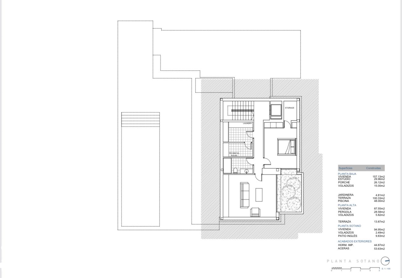 Architecturale plattegrond van de kelderverdieping met wasruimte, technische ruimte, berging en een woonruimte grenzend aan een Engelse patio.