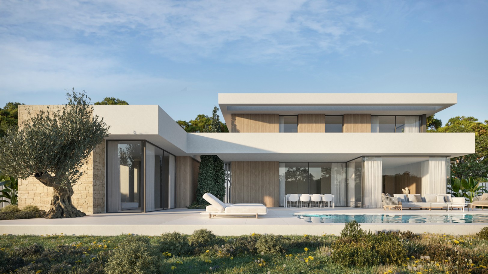 Exterieur van een moderne villa met witte gevels, houten panelen, natuurstenen muur en een zwembad met aangrenzend loungeterras en olijfboom.