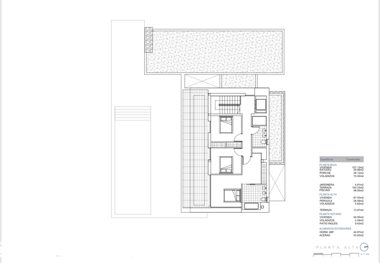 Gedetailleerde architectonische plattegrond van de bovenverdieping met de indeling van slaapkamers, badkamers en terras, inclusief oppervlaktestaat.