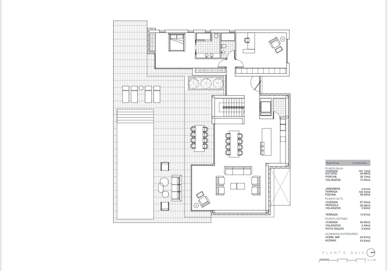 Gedetailleerde plattegrond van de begane grond met een open woonruimte, kookeiland, slaapkamer met en-suite badkamer en een ruim terras met zwembad.