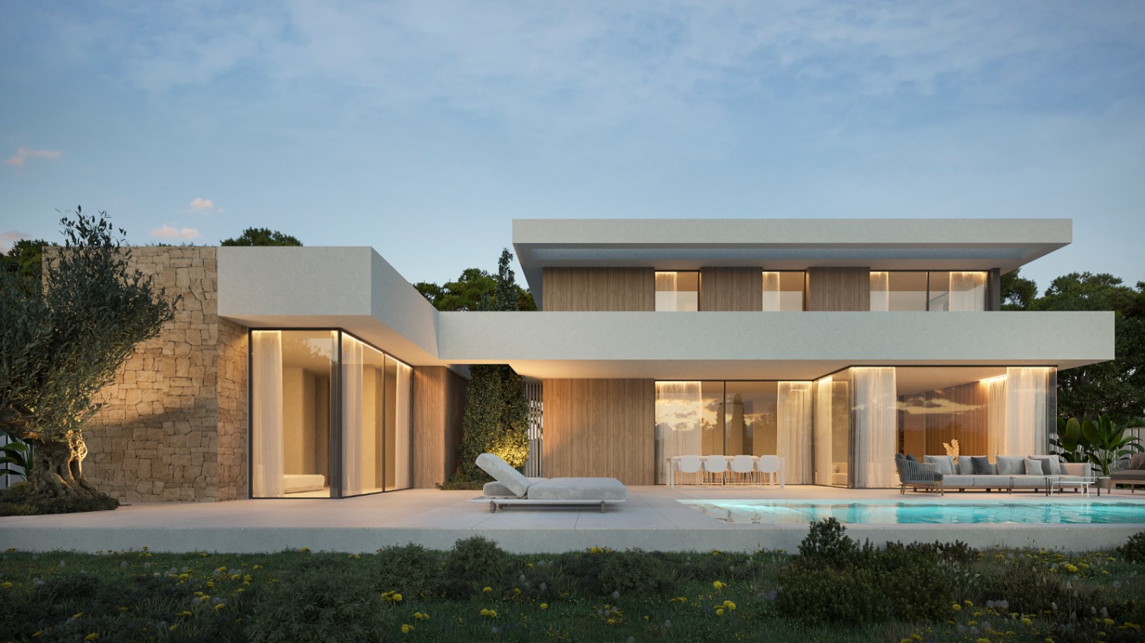 Moderne L-vormige villa met hout- en steenafwerking, grote raampartijen en een buitenruimte met zwembad, eethoek en loungeset bij avondlicht.