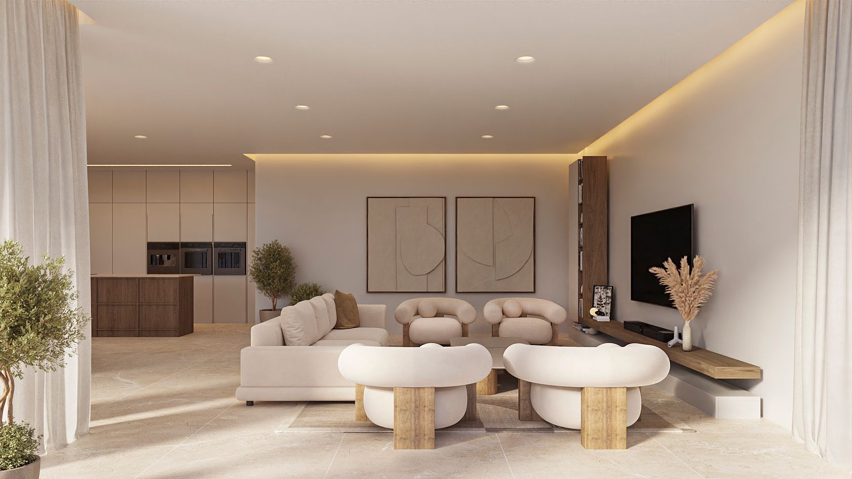 Open woonruimte met sculpturale fauteuils, een neutrale bank en een zwevend houten tv-meubel. De ruimte is verbonden met een minimalistische keuken met een donkerhouten eiland.