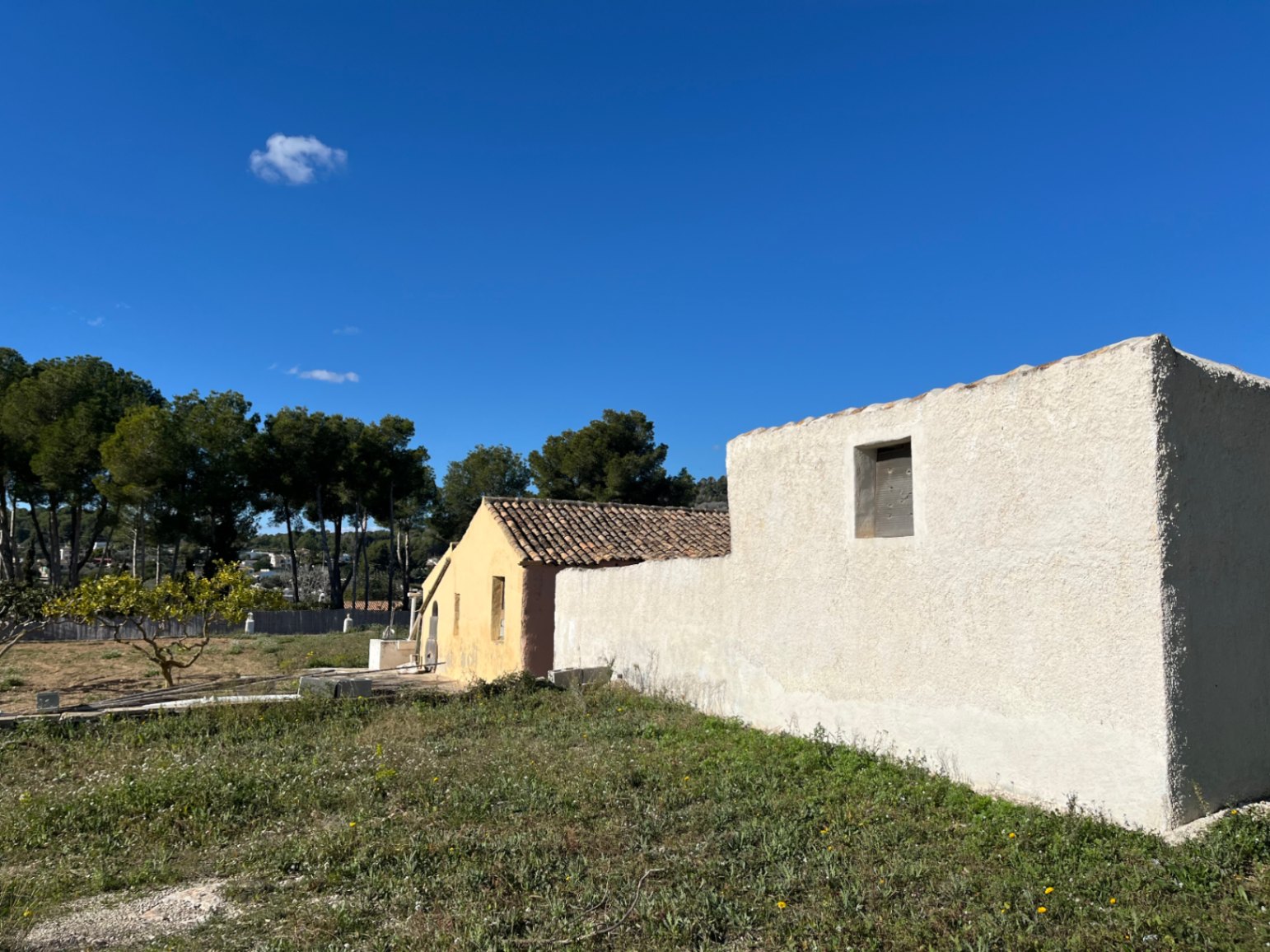 Exterieur van de traditionele finca met witte en okerkleurige muren, terracotta dakpannen en een natuurlijk perceel onder een heldere blauwe lucht.