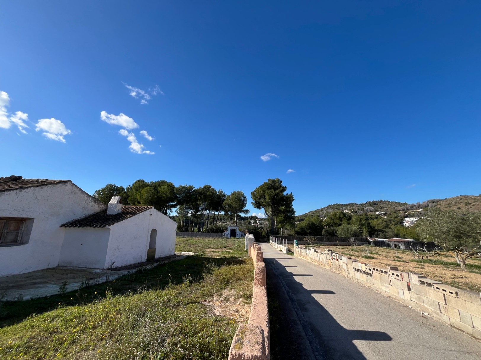Exterieur van de traditionele witte finca met pannendak, voorzien van een geasfalteerde oprit en een mediterraan landschap met pijnbomen.