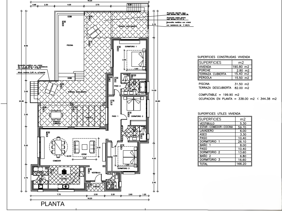 Gedetailleerde architecturale plattegrond met drie slaapkamers, een privézwembad, terras met pergola en technische oppervlaktegegevens.