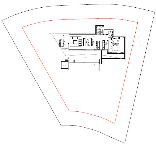 Architectonisch plan van de villa met de indeling van interieur en exterieur.