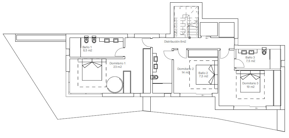 Architectonische plattegrond van de bovenverdieping met drie slaapkamers met badkamer en indeling.