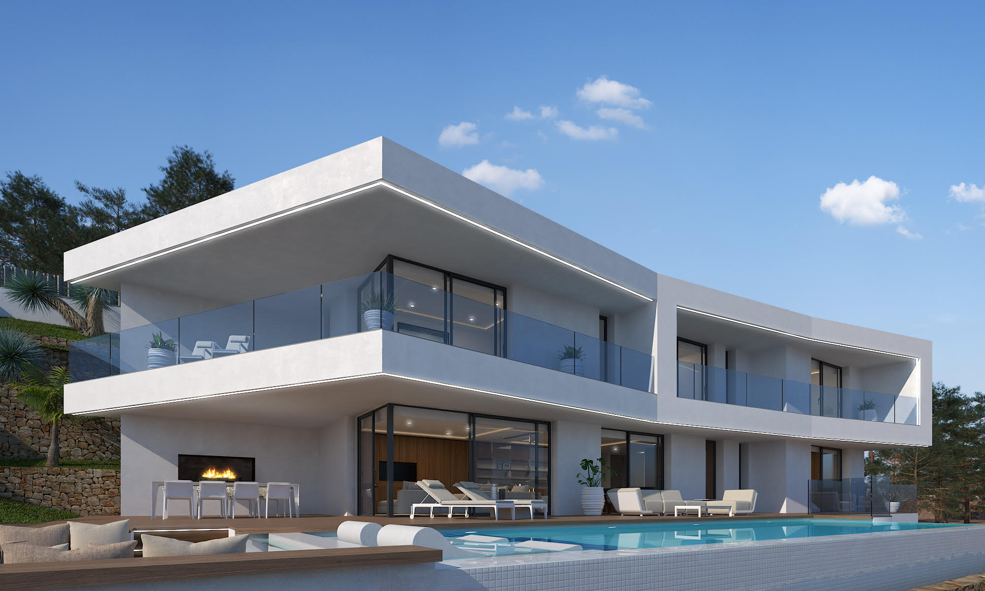 Buitenaanzicht van de villa met wit mozaïekzwembad en terras met open haard.