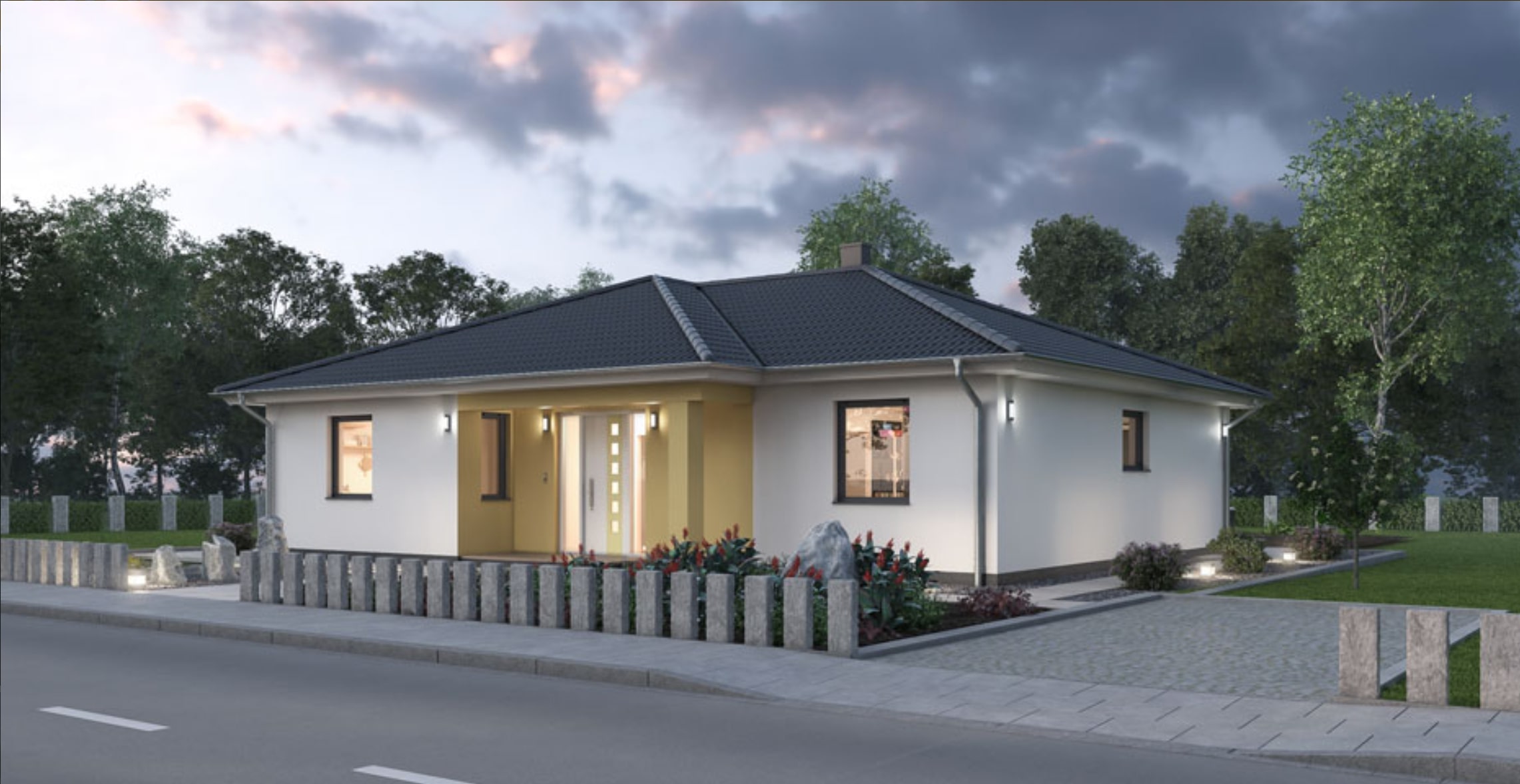 Moderne villafaçade met onderhoudsarme tuin en stenen omheining.