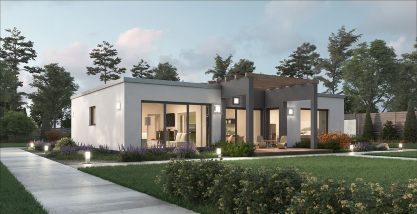 Buitenaanzicht van de moderne villa met tuin en verlichte toegangsweg.
